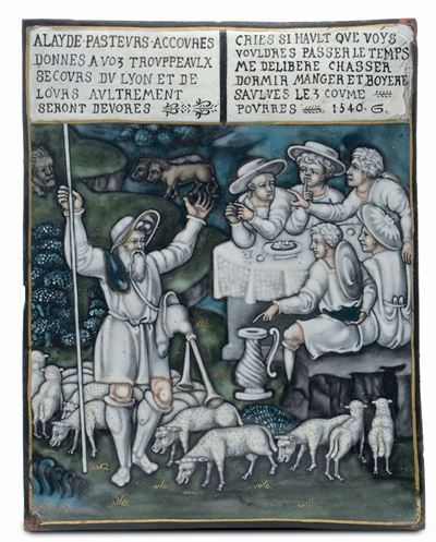 Placca Rettangolare con Smalti Policromi su Rame con Data 1540. Limoges XIX Secolo