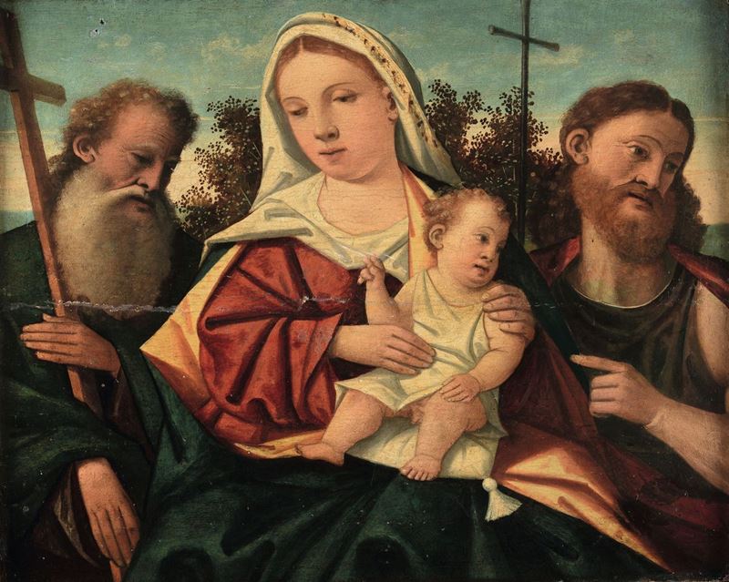 Francesco Rizzo da Santacroce (XV-XVI secolo), ambito di Madonna con Bambino e Santi  - Asta Dipinti Antichi - Cambi Casa d'Aste