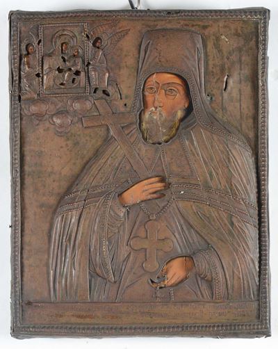Icona Coperta da Lastra D'argento Cesellata, XIX Secolo