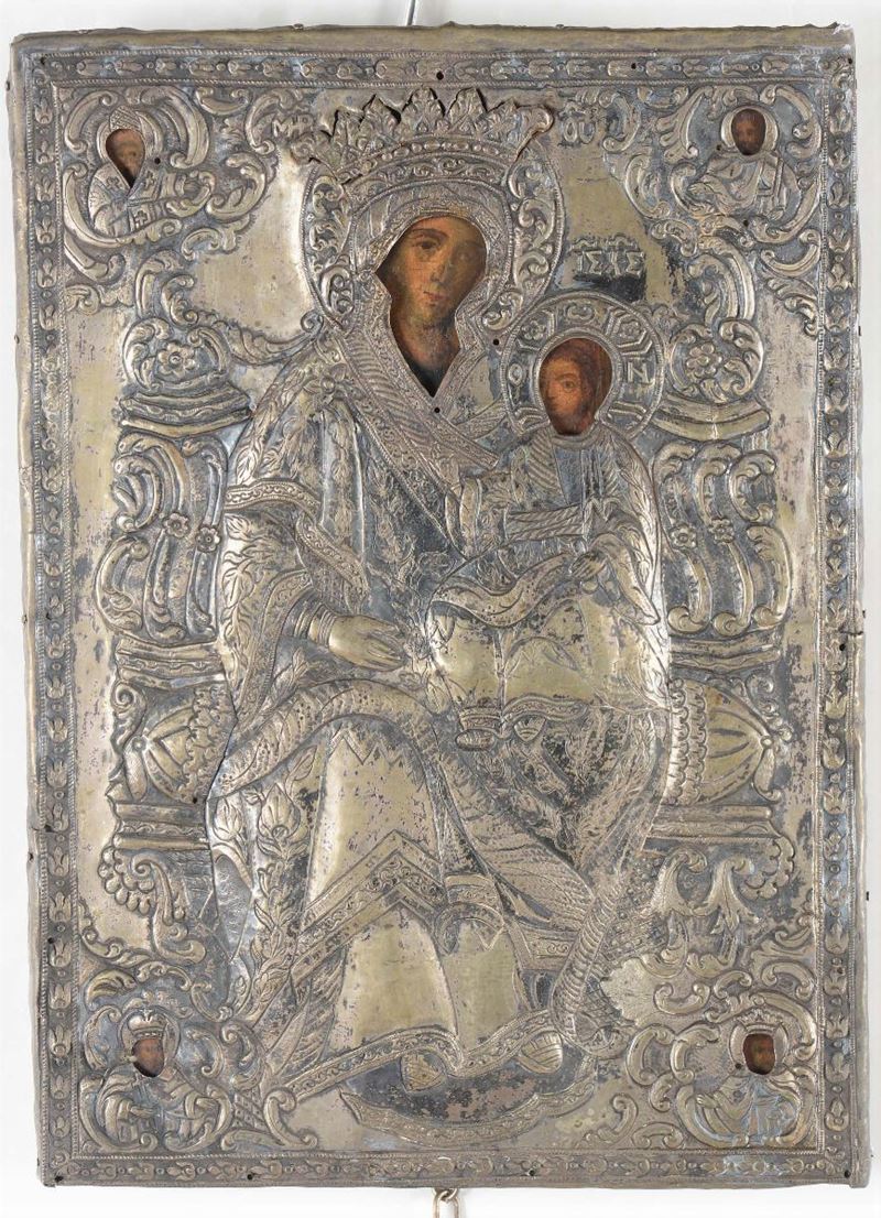 Icona raffigurante Madonna con Bambino, decorata da lastra d'argento cesellato, XIX secolo  - Asta Argenti - Asta Online - Cambi Casa d'Aste