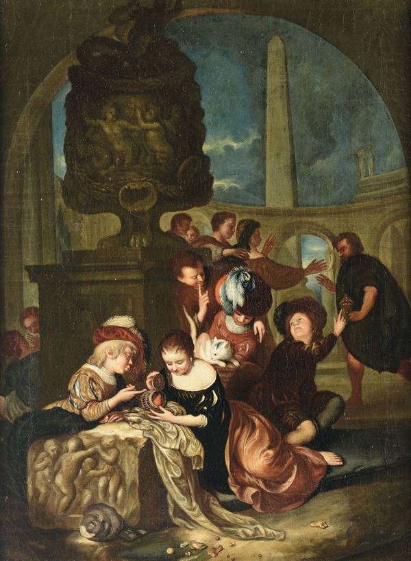 Scuola fiamminga del XVIII secolo Scena con dama e giovani