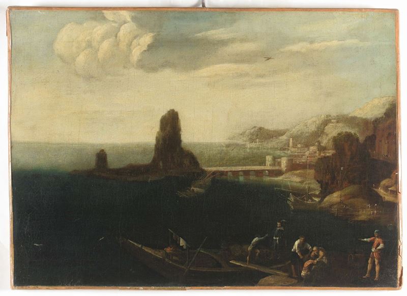 Scuola Romana del XVII secolo Porto con pescatori  - Asta Antiquariato - Cambi Casa d'Aste