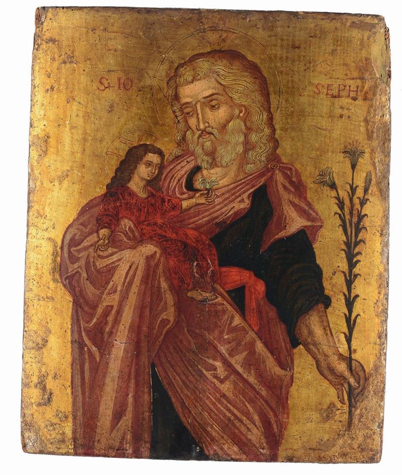 Icona fondo oro raffigurante San Giuseppe con Bambino, XVI secolo  - Auction Fine Art - Cambi Casa d'Aste