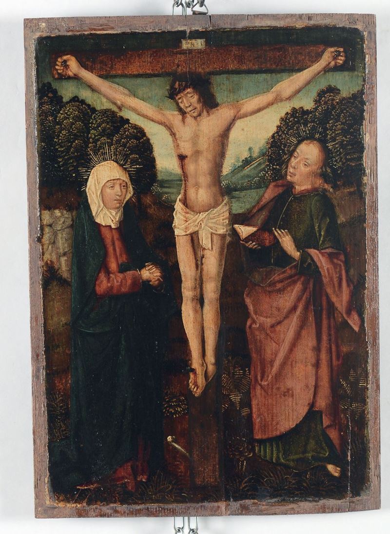 Scuola Fiamminga del XVI secolo Crocifissione con Madonna e Santo  - Asta Dipinti Antichi - Cambi Casa d'Aste