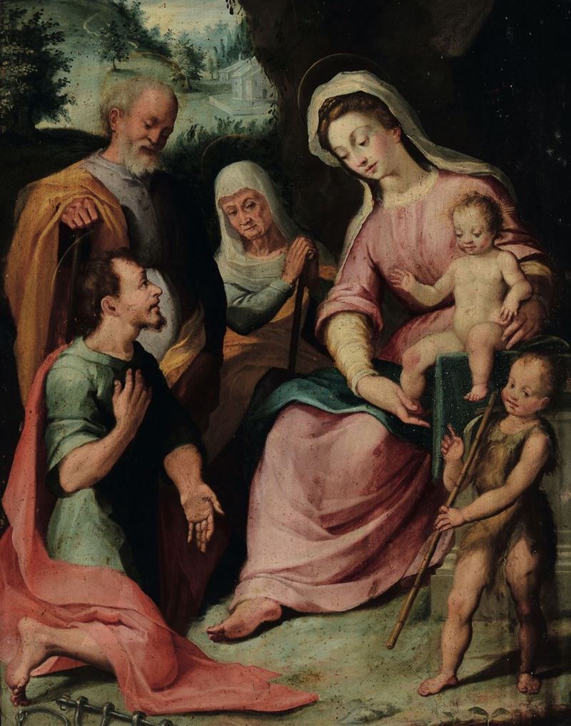 Santi Di Tito (Sansepolcro 1536 - Firenze 1603), cerchia di Sacra Famiglia con San Giovannino e Santi  - Asta Dipinti Antichi - Cambi Casa d'Aste