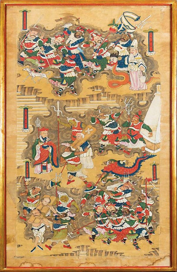 A framed painting on paper depicting battle scenes, China, Qing Dynasty, 19th century