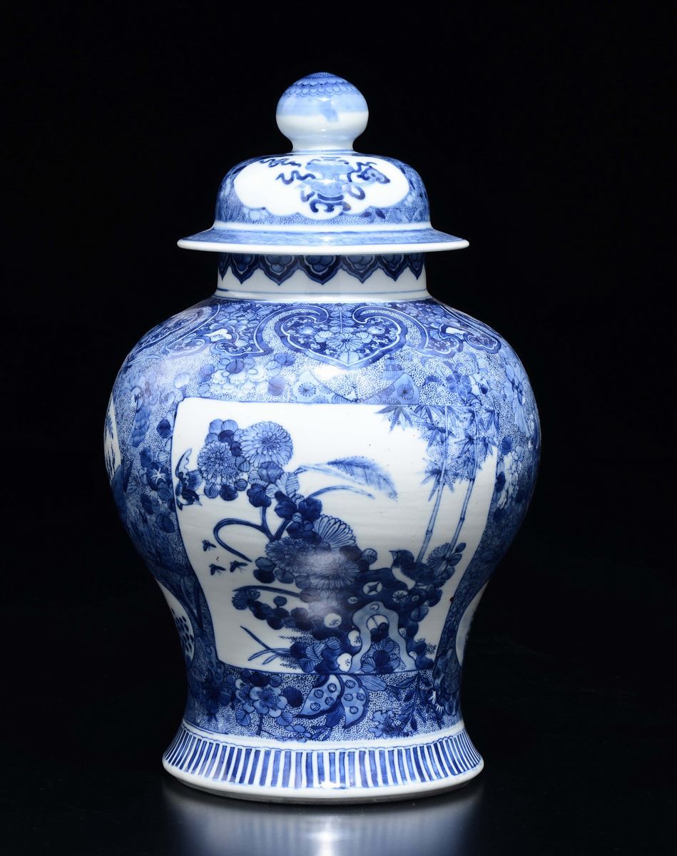 Potiche con Coperchio in Porcellana Bianca e Blu con Decoro Naturalistico Entro Riserve, Cina, Di...