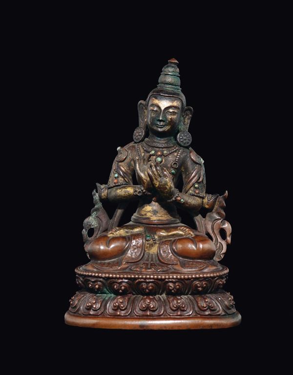 Figura di Amitaya in rame con innesti di pietre dure, Tibet, XVII secolo