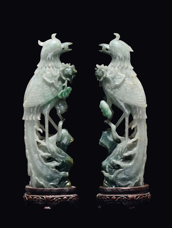A pair of jadeite parrots, China, 20th century