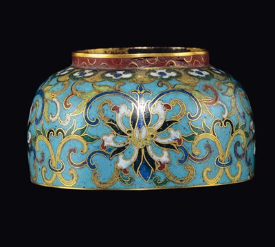 Calamaio a Smalti Cloisonné con Decoro di Fiori di Loto, Cina, Dinastia Qing, Epoca Qianlong (173...