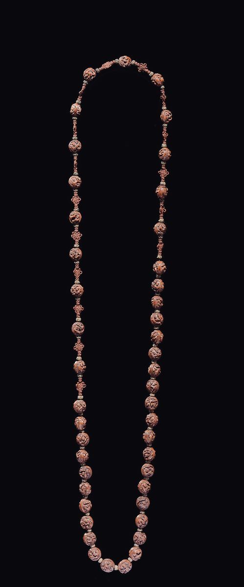 A carved nutshell necklace beads prayer, China, Qing Dynasty, 19th century