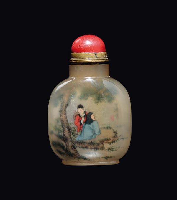 Snuff bottle in agata dipinta con personaggi, firmata, Cina, Dinastia Qing, XIX secolo