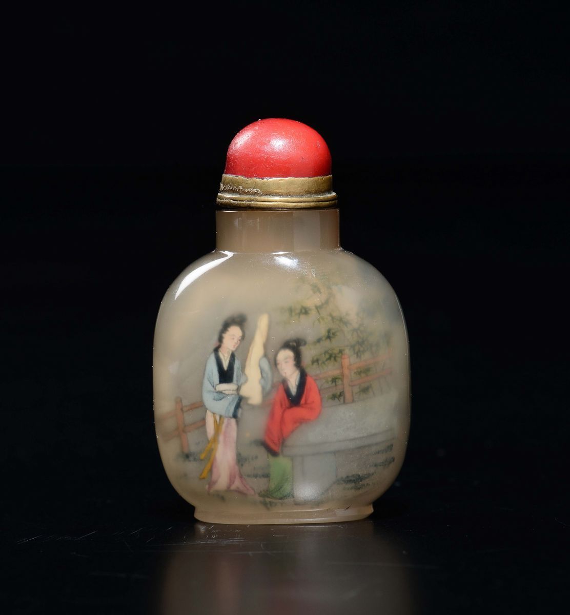 Snuff Bottle in Agata Dipinta con Personaggi, Firmata, Cina, Dinastia Qing, XIX Secolo