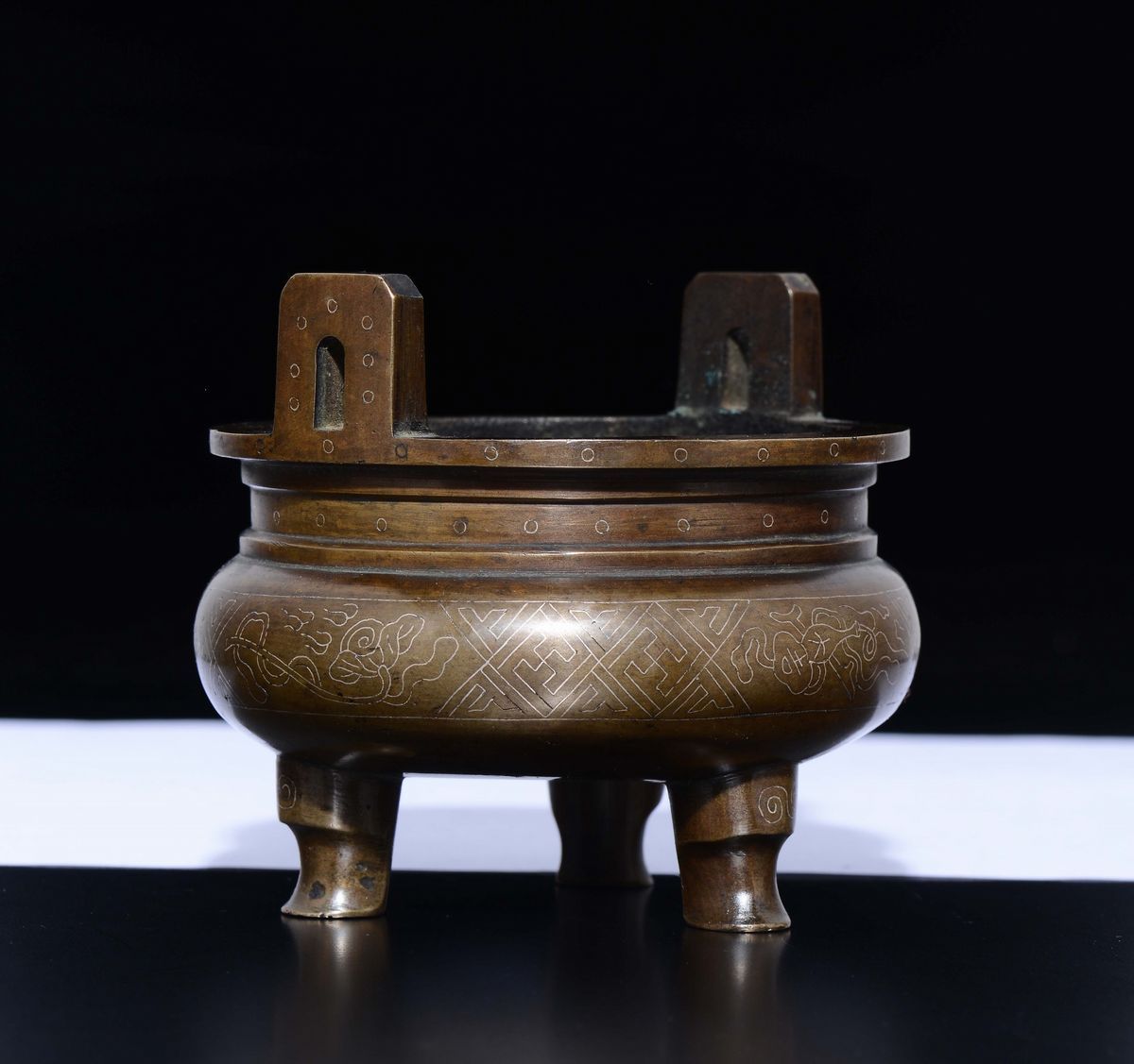 Incensiere Tripode in Bronzo con Manici, Cina, Dinastia Qing, XVIII Secolo