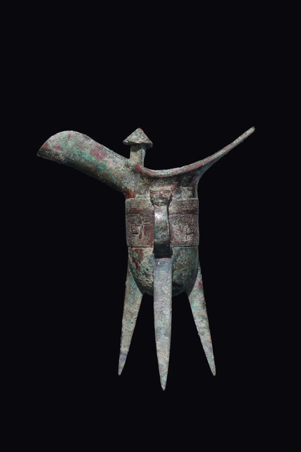 A bronze ritual tripod wine vessel, China, Shang Dynasty (1750-1028 b.C.)