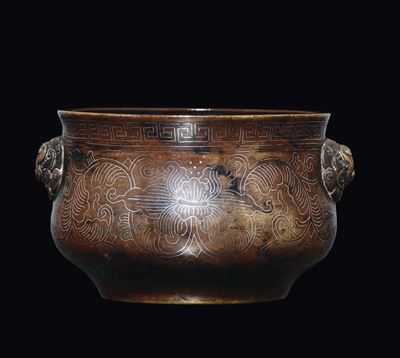 Incensiere Shi Sou in Bronzo con Decoro in Filo D’argento, Cina, Dinastia Qing, Fine XVII Secolo