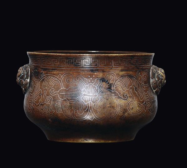 A bronze Shi Sou censer with silver inlaid, China, Qing Dynasty, late 17th century