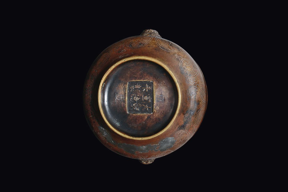 Incensiere Shi Sou in Bronzo con Decoro in Filo D’argento, Cina, Dinastia Qing, Fine XVII Secolo