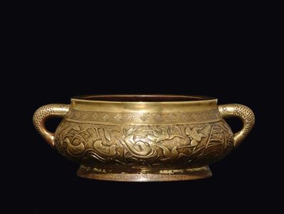 Incensiere in Bronzo Dorato con Decoro di Uccelli, Cina, Dinastia Ming, XVII Secolo