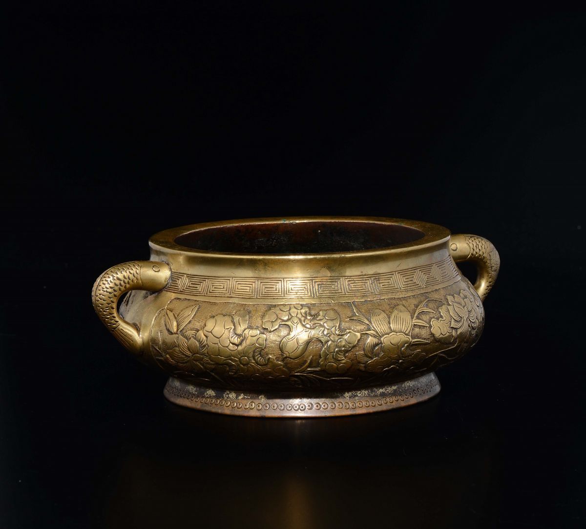 Incensiere in Bronzo Dorato con Decoro di Uccelli, Cina, Dinastia Ming, XVII Secolo