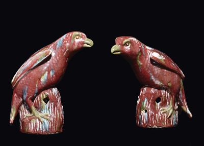 Coppia di Falchi in Porcellana a Smalti Policromi su Fondo Rosso, Cina, Dinastia Qing, Epoca Kang...