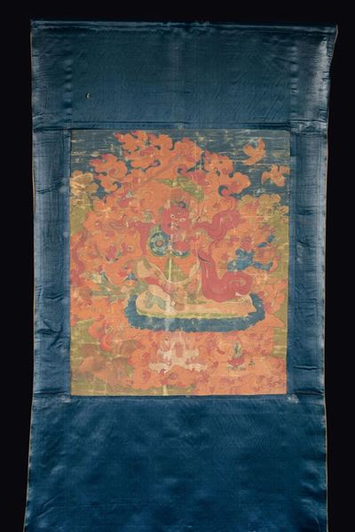 Tanka su Seta a Fondo Blu con Mahakala Centrale, Tibet, XIX Secolo