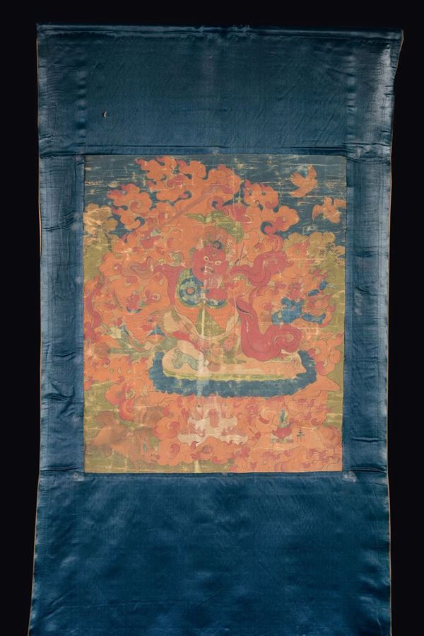 Tanka su seta a fondo blu con Mahakala centrale, Tibet, XIX secolo