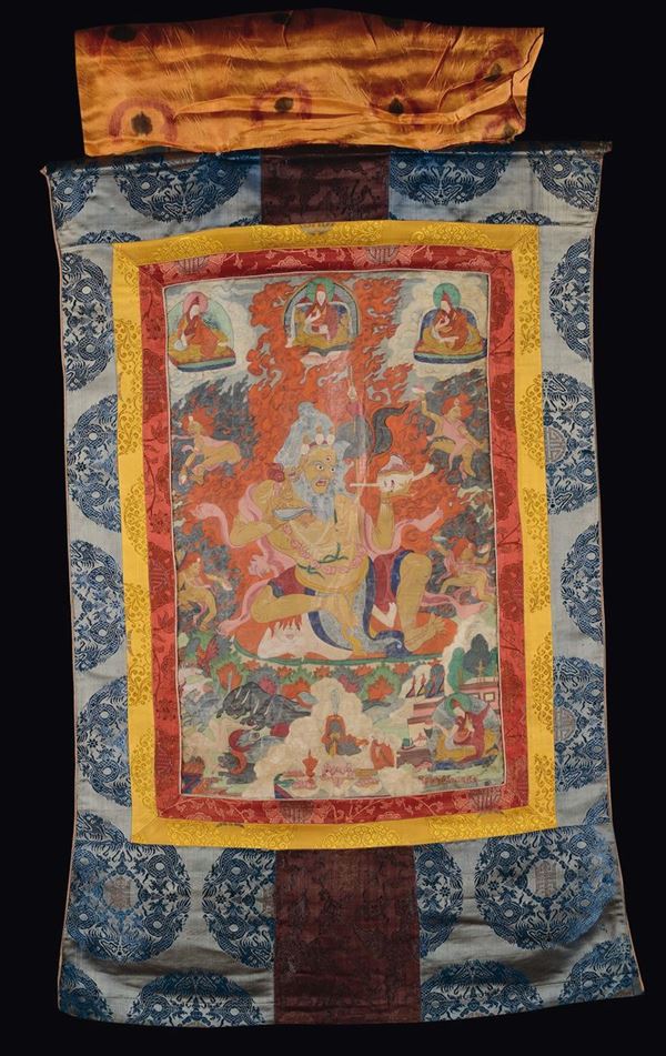 A light-blue-ground tanka with five deities, Tibet, 19th century