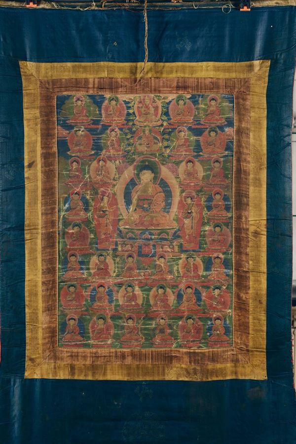 Tanka su seta a fondo blu con trentanove immagini di divinità, Tibet, XVII secolo
