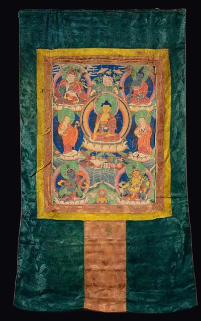 Tanka su Seta con Sette Divinità su Fondo Verde, Tibet, XIX Secolo