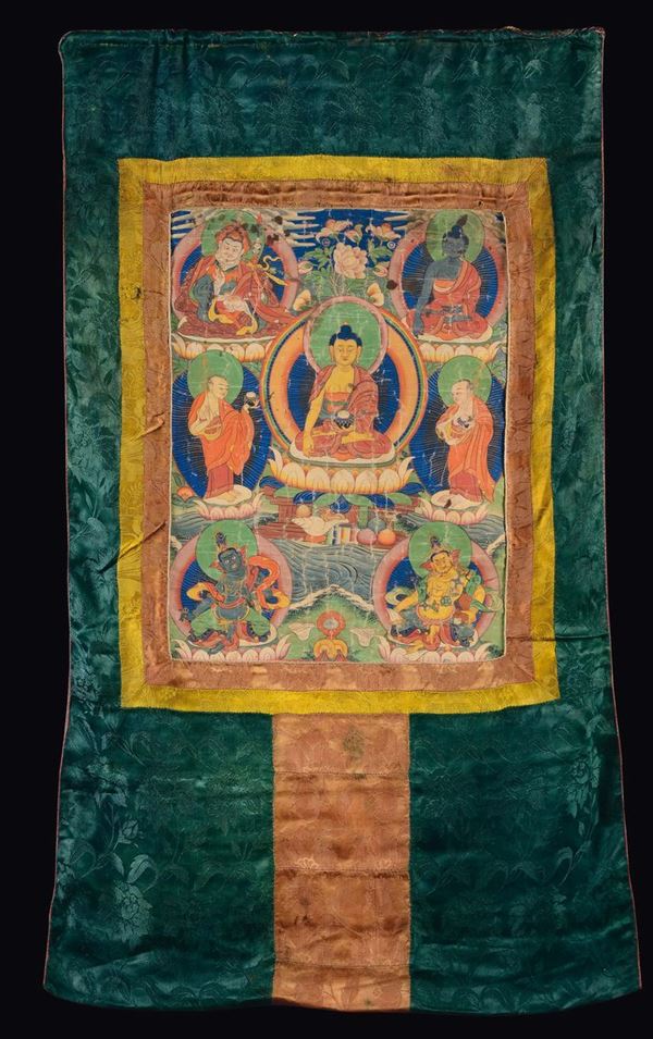 Tanka su seta con sette divinità su fondo verde, Tibet, XIX secolo