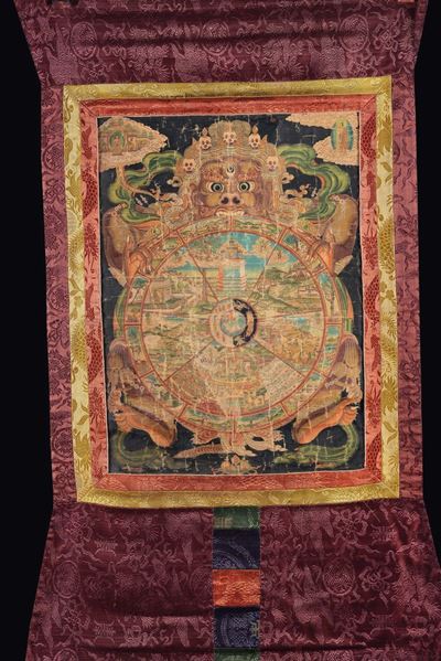 Tanka su Seta con Ruota Centrale Raffigurante Vita di Buddha, Tibet, XIX Secolo