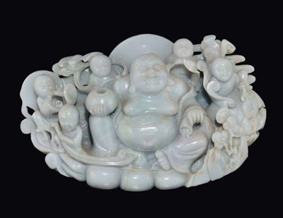 Gruppo in Giadeite Raffigurante Budai Attorniato da Fanciulli, Cina, XX Secolo