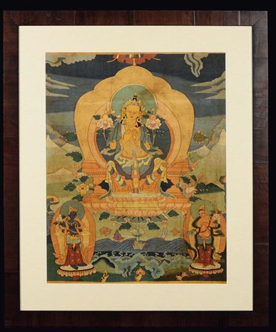 Tanka Bifacciale su Seta Incorniciato Raffigurante Divinità, Tibet, XIX Secolo