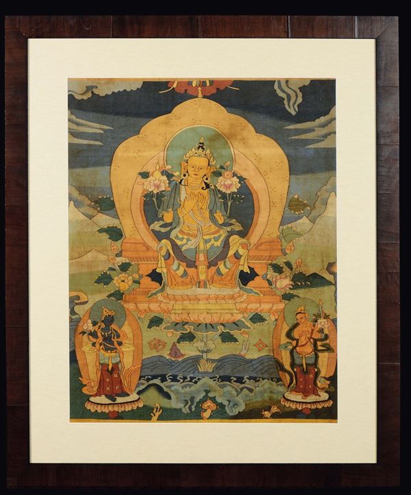 Tanka bifacciale su seta incorniciato raffigurante divinità, Tibet, XIX secolo