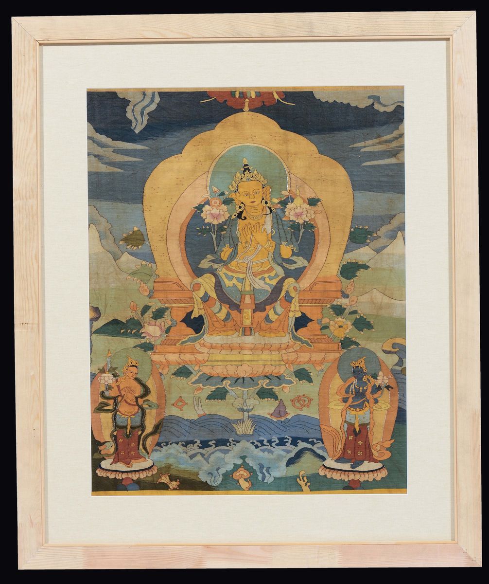 Tanka Bifacciale su Seta Incorniciato Raffigurante Divinità, Tibet, XIX Secolo