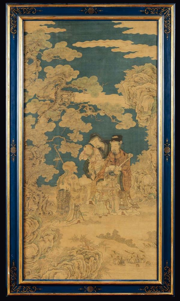 Rarissimo e finissimo grande tessuto Kesi di manifattura imperiale con raffigurazione di saggi e fanciulli, Cina, Dinastia Qing, epoca Qianlong (1736-1795)