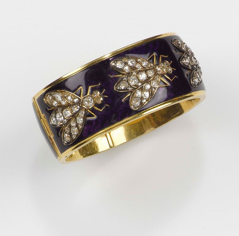 An enamel, old-cut diamond and Napoleon bee bangle  - Auction Fine Jewels - Cambi Casa d'Aste
