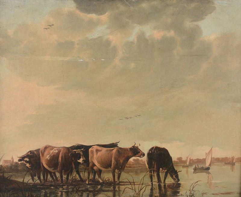 Anonimo del XIX secolo Abbeverata di buoi  - Asta Antiquariato - Cambi Casa d'Aste