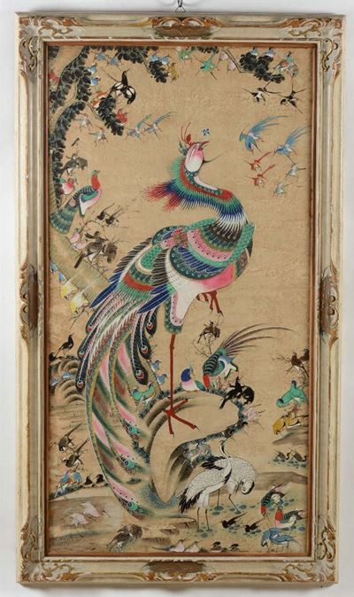 Dipinto su Carta Incorniciato Raffigurante Pavoni, Gru e Altri Uccellini, Cina, Dinastia Qing, XI...