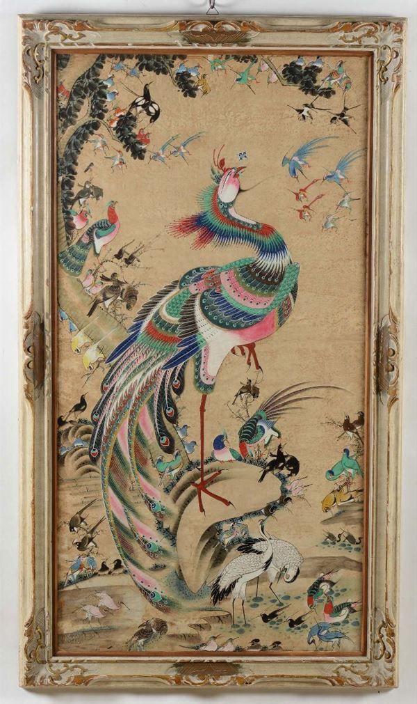 Dipinto su carta incorniciato raffigurante pavoni, gru e altri uccellini, Cina, Dinastia Qing, XIX secolo