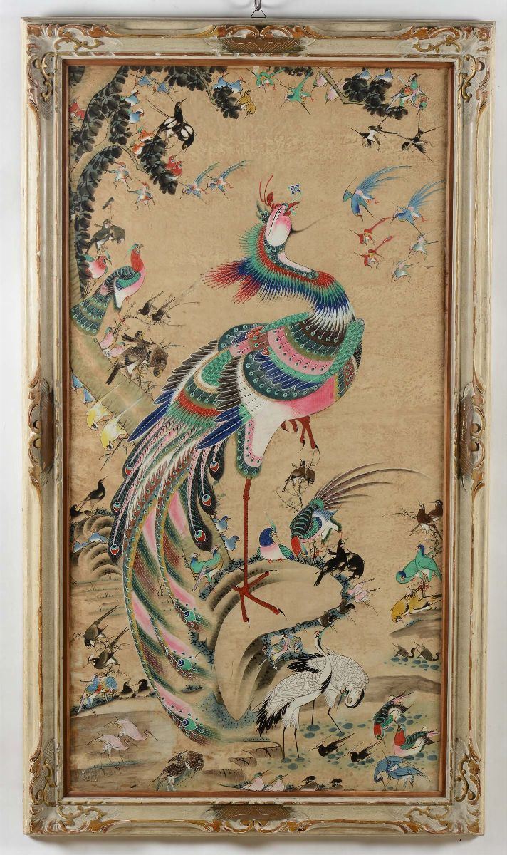 Dipinto su carta incorniciato raffigurante pavoni, gru e altri uccellini, Cina, Dinastia Qing, XIX secolo  - Asta Chinese Works of Art - Cambi Casa d'Aste