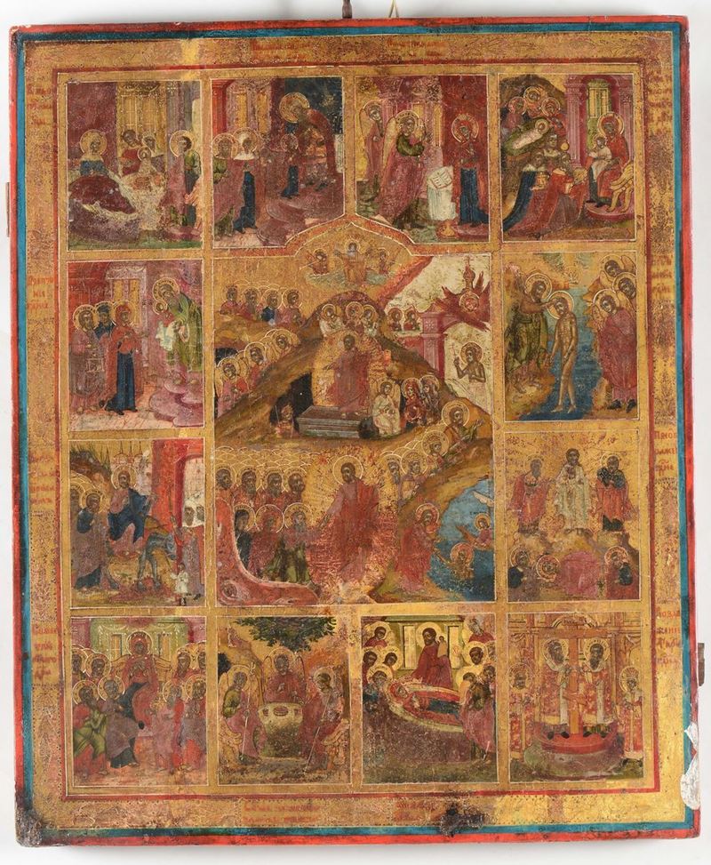 Icona in legno raffigurante le dodici fesgte, XIX secolo  - Asta Antiquariato - Cambi Casa d'Aste