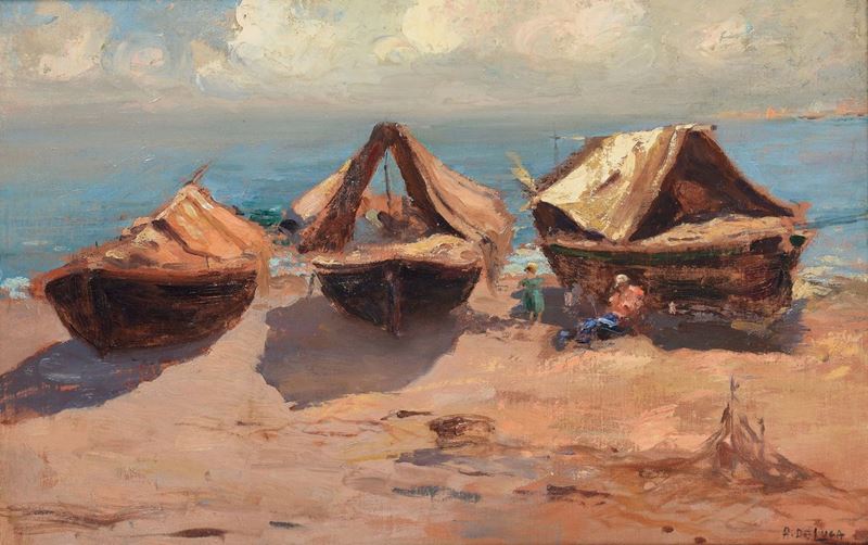Arturo De Luca (Sorrento 1885 - Genova 1971) Barche sulla spiaggia  - Asta Dipinti del XIX e XX secolo - Cambi Casa d'Aste