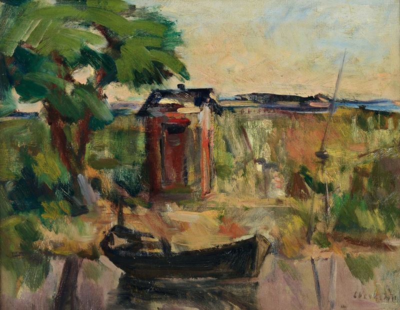 Libero Verzetti (Torino 1906 - Genova 1989) Casolare con barca  - Auction 19th and 20th century paintings - Cambi Casa d'Aste