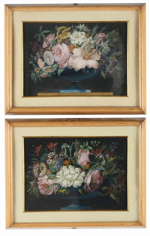 Anonimo del XIX secolo Coppia di nature morte con vasi di fiori
