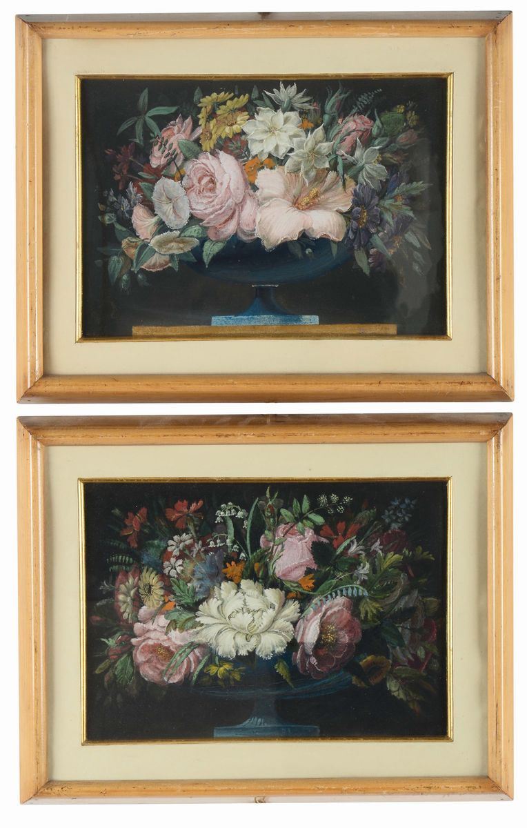 Anonimo del XIX secolo Coppia di nature morte con vasi di fiori  - Asta Antiquariato - Cambi Casa d'Aste
