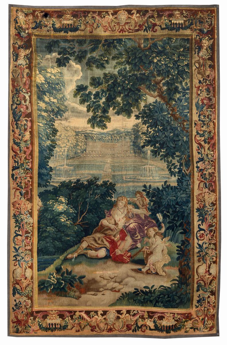 Arazzo con raffigurazione di scena romantica, XIX Secolo  - Asta Importanti Oggetti e Arredi - Cambi Casa d'Aste