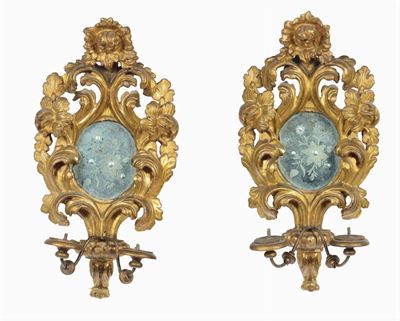 Coppia di Ventoline in Legno Intagliato e Interamente Dorato, XVIII-XIX Secolo