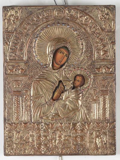 Icona con Riza in Argento Raffigurante Madonna con Bambino, XIX Secolo